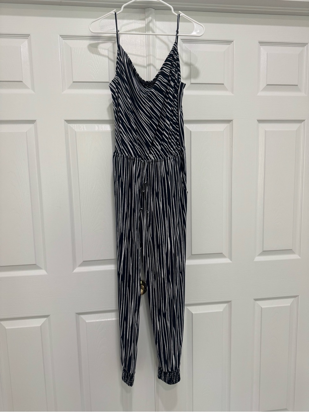 Veronica M Navy and White Striped Spaghetti‑Strap Jumpsuit